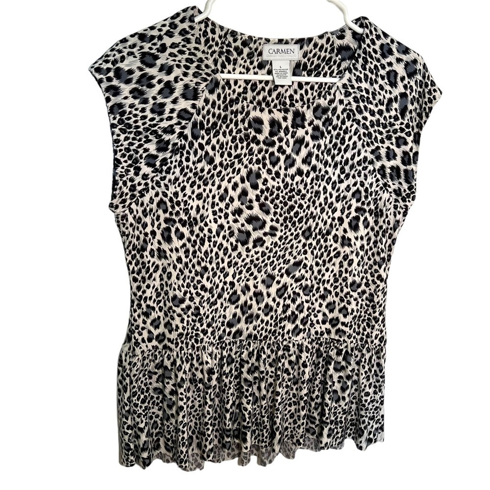 Carmen‎ Marc Valvo Women's Size Large Peplum Blouse White Gray Animal Print Cap